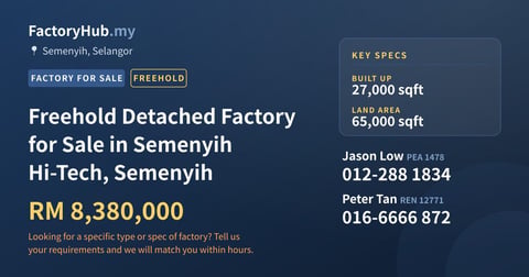Factory For Sale - Freehold Detached Factory for Sale in Semenyih Hi-Tech, Semenyih - Semenyih, Selangor