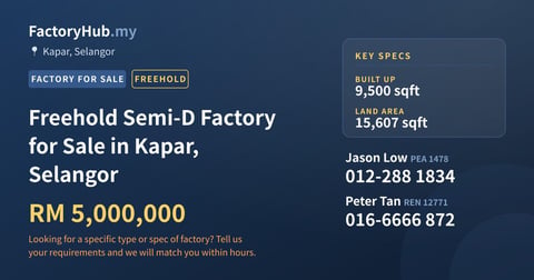 Factory For Sale - Freehold Semi-D Factory for Sale in Kapar, Selangor - Kapar, Selangor