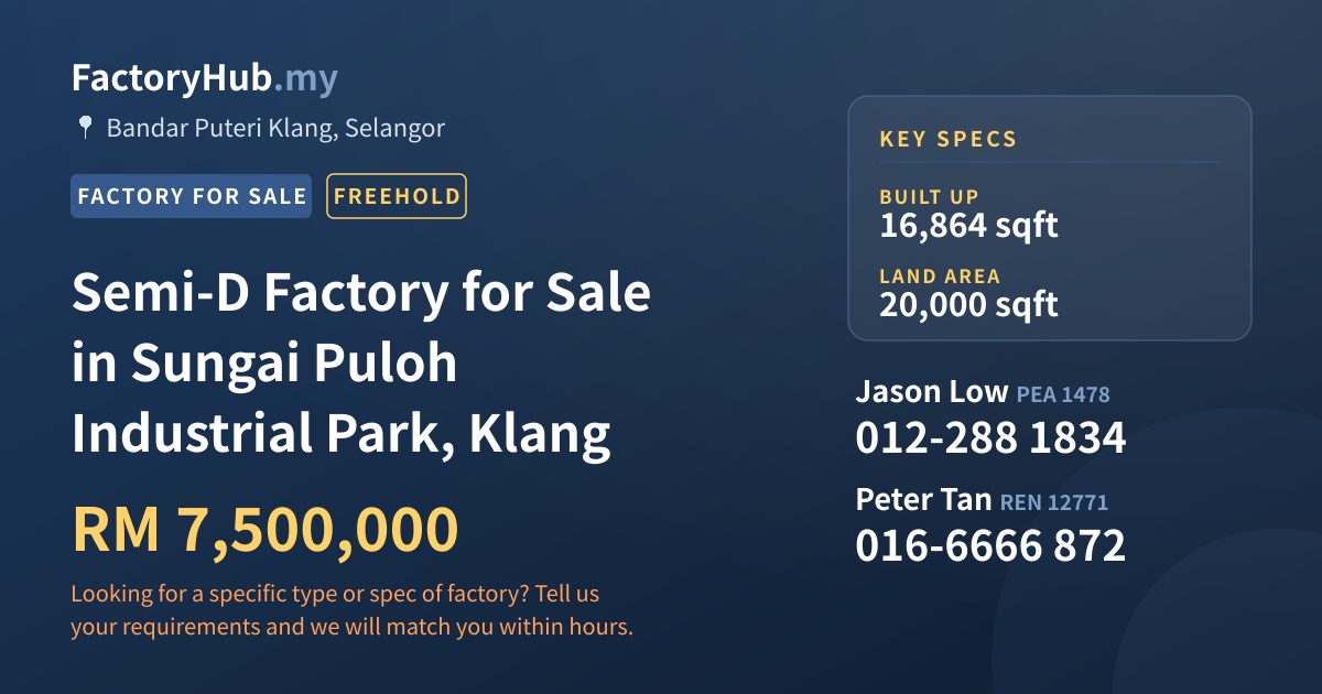Factory For Sale - Semi-D Factory for Sale in Sungai Puloh Industrial Park, Klang - Bandar Puteri Klang, Selangor