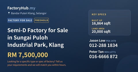 Factory For Sale - Semi-D Factory for Sale in Sungai Puloh Industrial Park, Klang - Bandar Puteri Klang, Selangor