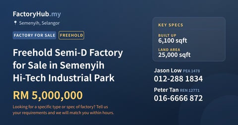 Factory For Sale - Freehold Semi-D Factory for Sale in Semenyih Hi-Tech Industrial Park - Semenyih, Selangor