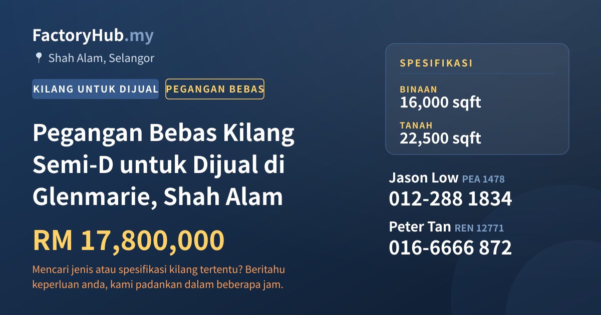 Kilang Untuk Dijual - Pegangan Bebas Kilang Semi-D untuk Dijual di Glenmarie, Shah Alam - Shah Alam, Selangor