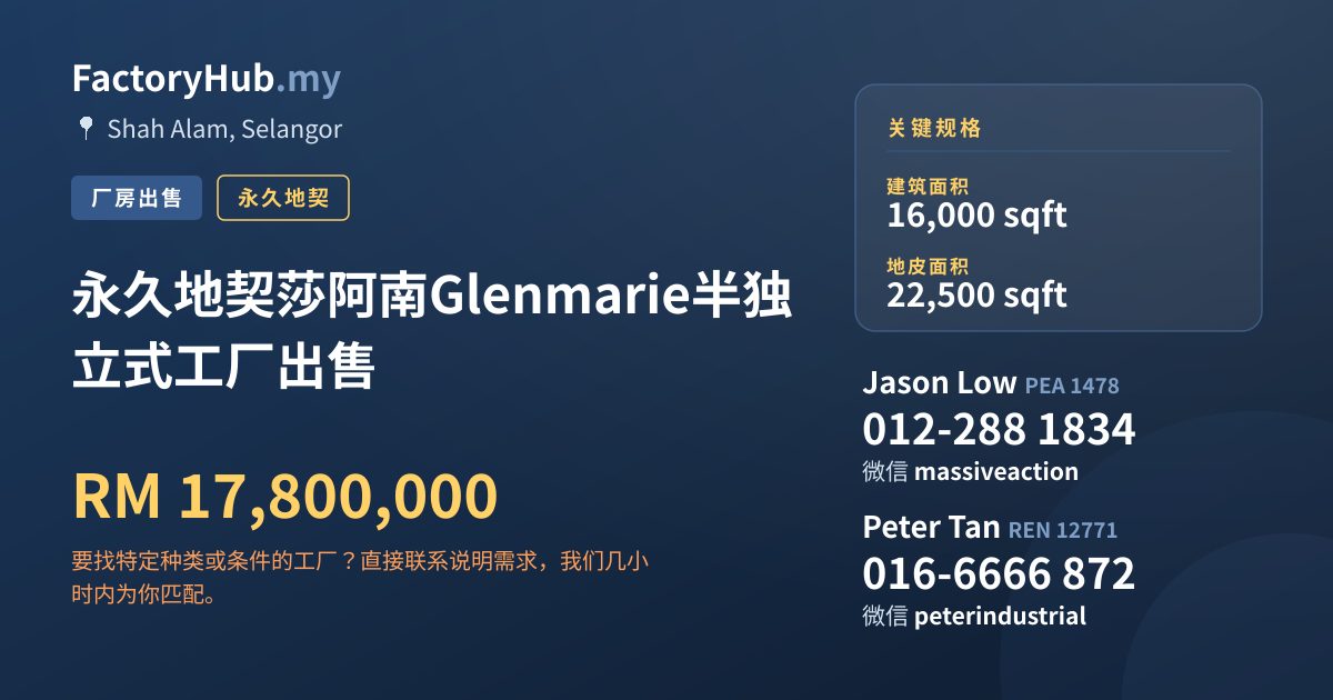 工厂 出售 - 永久地契莎阿南Glenmarie半独立式工厂出售 - Shah Alam, Selangor