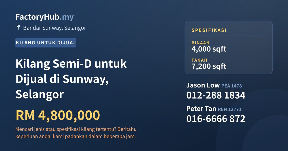 Kilang Untuk Dijual - Kilang Semi-D untuk Dijual di Sunway, Selangor - Bandar Sunway, Selangor