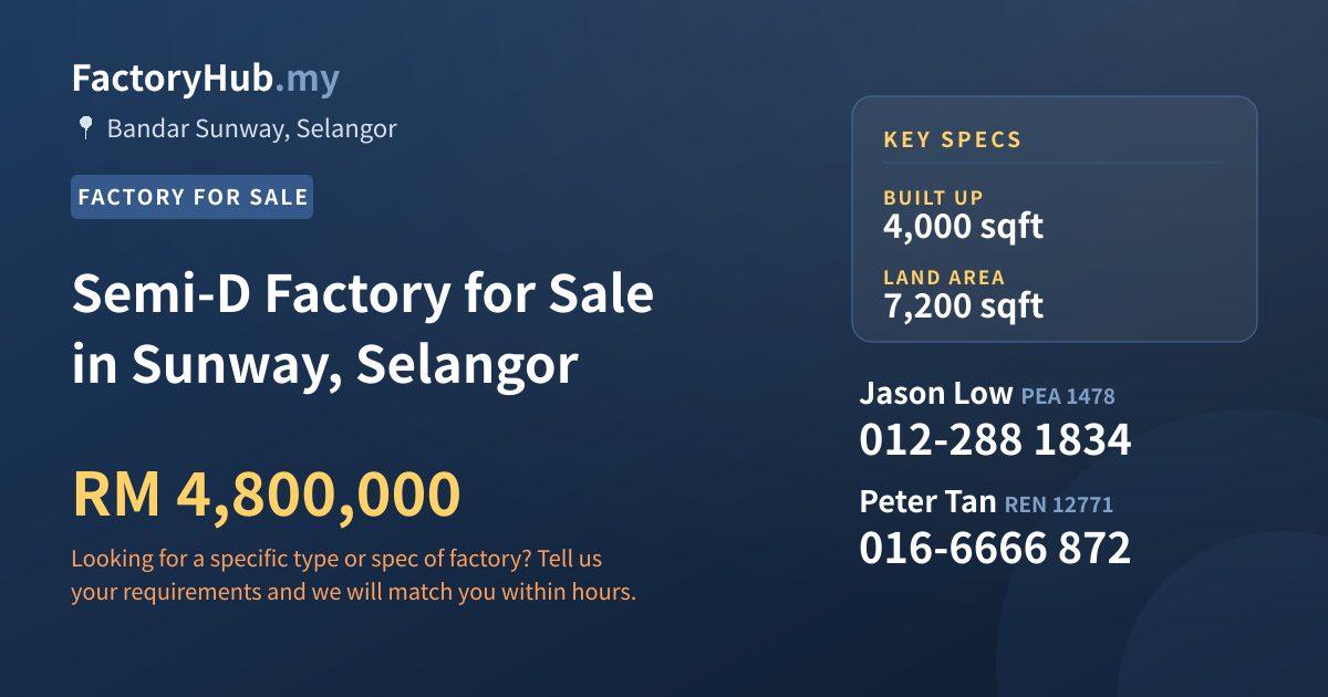 Factory For Sale - Semi-D Factory for Sale in Sunway, Selangor - Bandar Sunway, Selangor