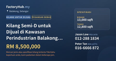 Kilang Untuk Dijual - Kilang Semi-D untuk Dijual di Kawasan Perindustrian Balakong, Balakong - Balakong, Selangor