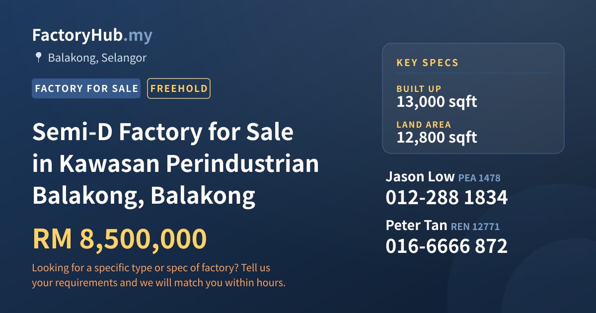Factory For Sale - Semi-D Factory for Sale in Kawasan Perindustrian Balakong, Balakong - Balakong, Selangor