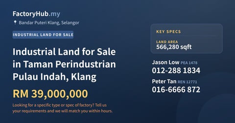 Land For Sale - Industrial Land for Sale in Taman Perindustrian Pulau Indah, Klang - Bandar Puteri Klang, Selangor