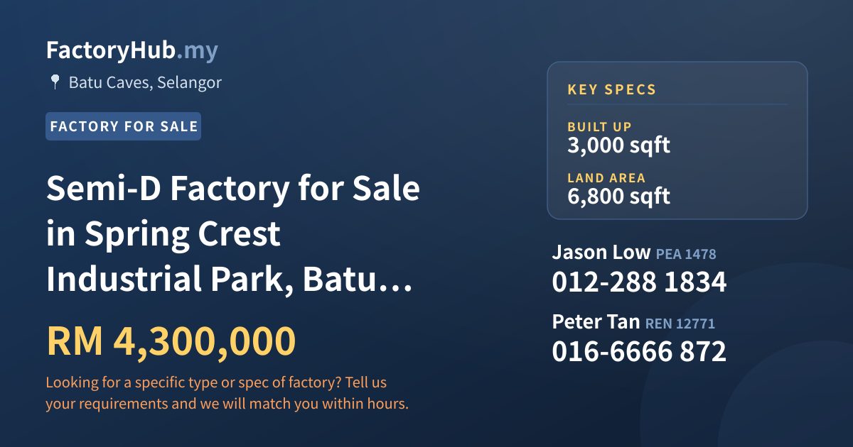 Factory For Sale - Semi-D Factory for Sale in Spring Crest Industrial Park, Batu Caves - Batu Caves, Selangor
