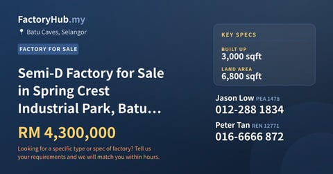 Factory For Sale - Semi-D Factory for Sale in Spring Crest Industrial Park, Batu Caves - Batu Caves, Selangor