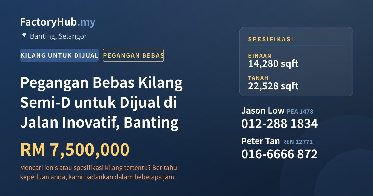 Kilang Untuk Dijual - Pegangan Bebas Kilang Semi-D untuk Dijual di Jalan Inovatif, Banting - Banting, Selangor