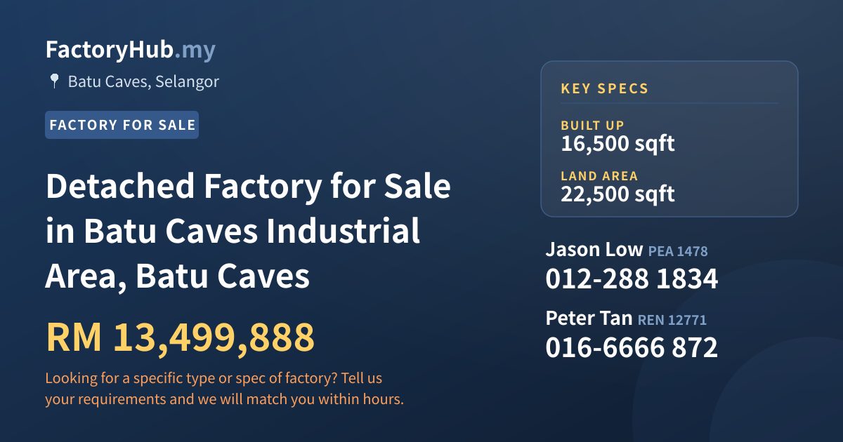 Factory For Sale - Detached Factory for Sale in Batu Caves Industrial Area, Batu Caves - Batu Caves, Selangor