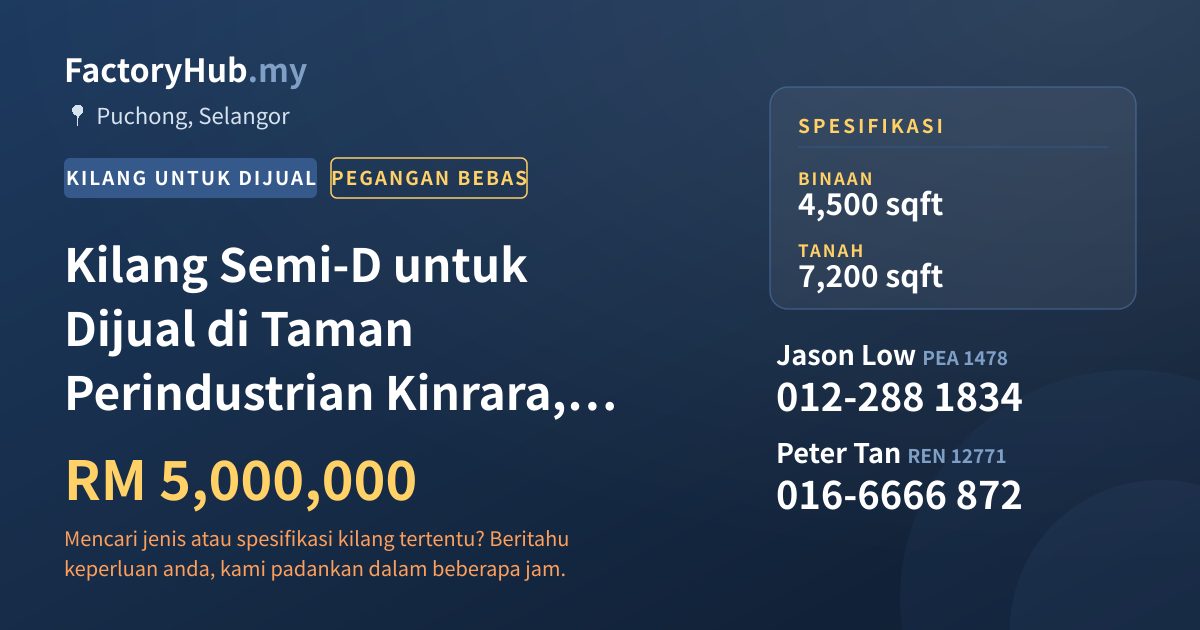 Kilang Untuk Dijual - Kilang Semi-D untuk Dijual di Taman Perindustrian Kinrara, Puchong - Puchong, Selangor