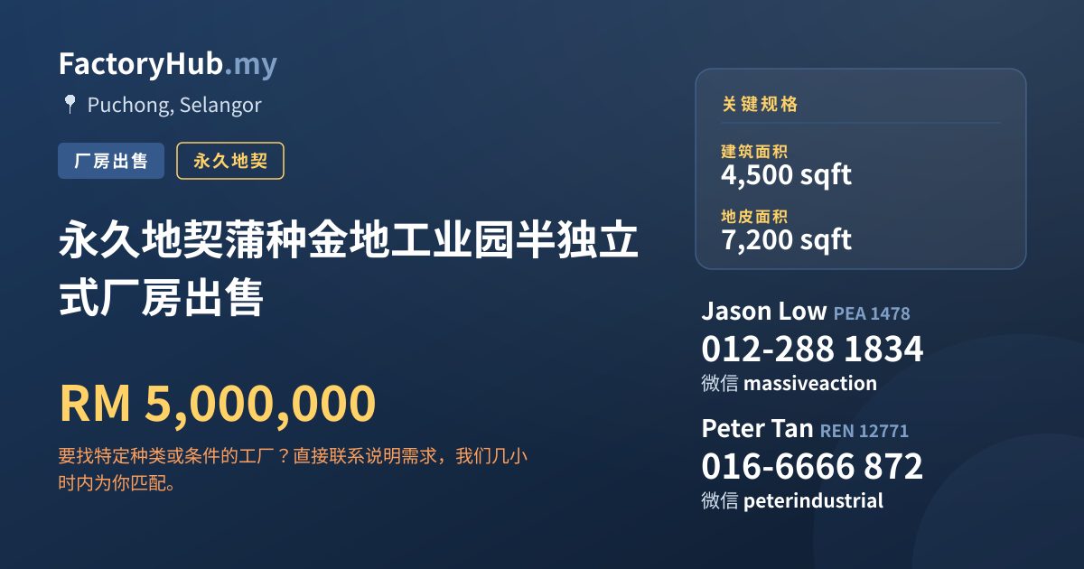 工厂 出售 - 永久地契蒲种金地工业园半独立式厂房出售 - Puchong, Selangor