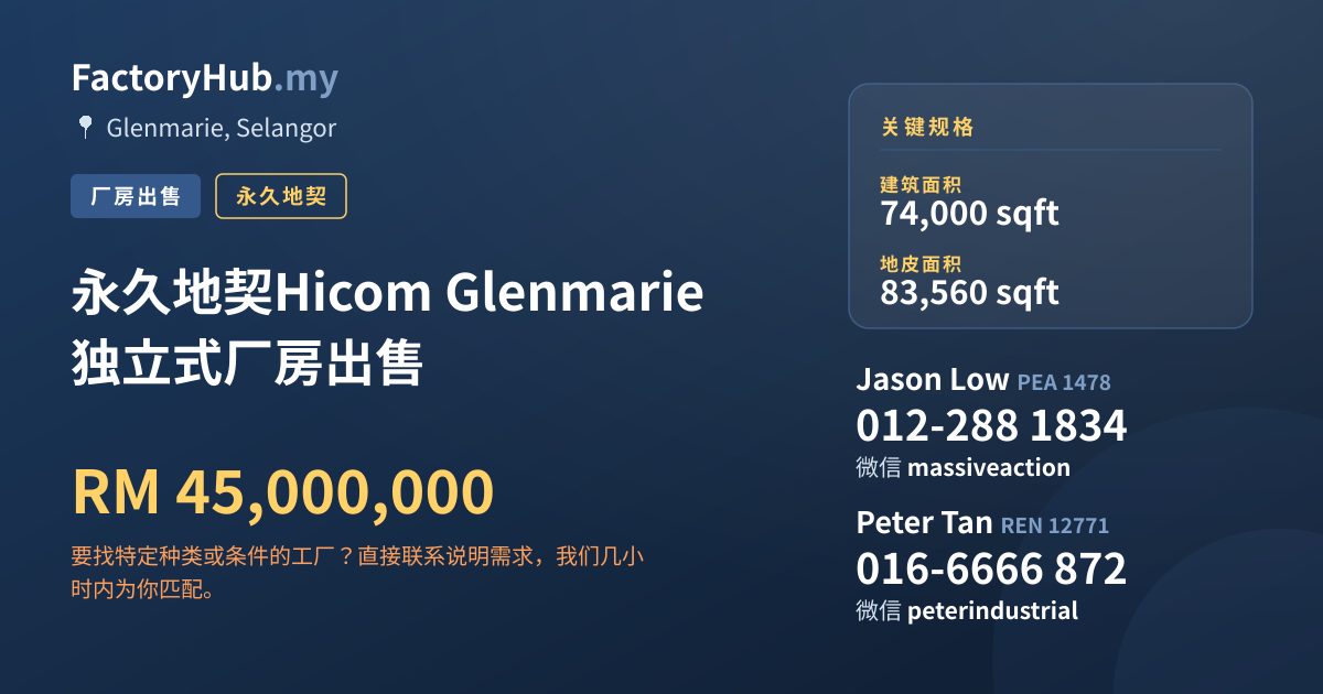 工厂 出售 - 永久地契Hicom Glenmarie 独立式厂房出售 - Glenmarie, Selangor