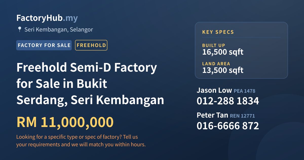 Factory For Sale - Freehold Semi-D Factory for Sale in Bukit Serdang, Seri Kembangan - Seri Kembangan, Selangor