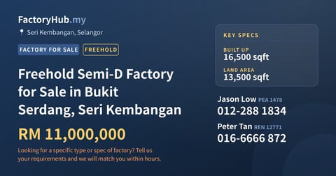 Factory For Sale - Freehold Semi-D Factory for Sale in Bukit Serdang, Seri Kembangan - Seri Kembangan, Selangor
