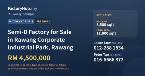 Factory For Sale - Semi-D Factory for Sale in Rawang Corporate Industrial Park, Rawang - Rawang, Selangor