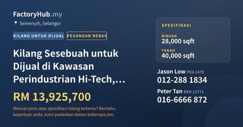 Kilang Untuk Dijual - Kilang Sesebuah untuk Dijual di Kawasan Perindustrian Hi-Tech, Hulu Semenyih - Semenyih, Selangor