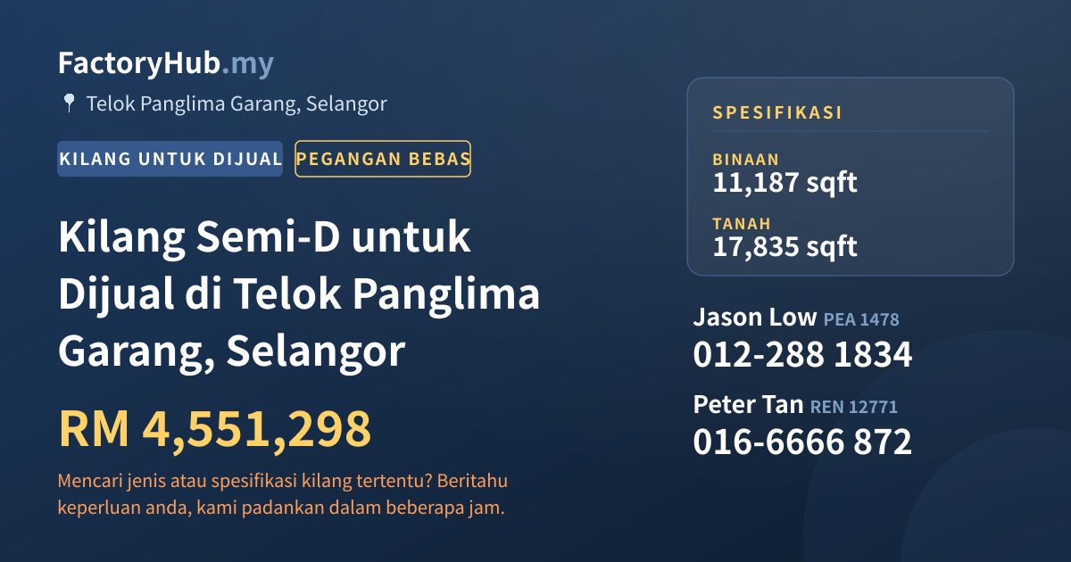 Kilang Untuk Dijual - Kilang Semi-D untuk Dijual di Telok Panglima Garang, Selangor - Telok Panglima Garang, Selangor