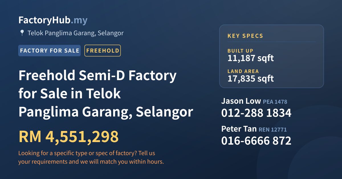 Factory For Sale - Freehold Semi-D Factory for Sale in Telok Panglima Garang, Selangor - Telok Panglima Garang, Selangor