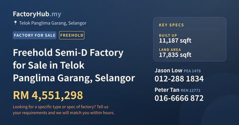 Factory For Sale - Freehold Semi-D Factory for Sale in Telok Panglima Garang, Selangor - Telok Panglima Garang, Selangor