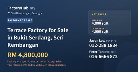 Factory For Sale - Terrace Factory for Sale in Bukit Serdang, Seri Kembangan - Seri Kembangan, Selangor