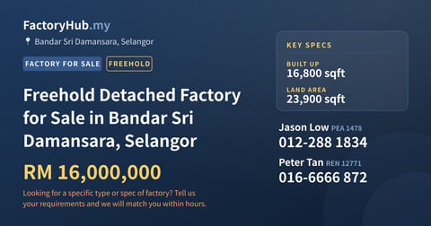 Factory For Sale - Freehold Detached Factory for Sale in Bandar Sri Damansara, Selangor - Bandar Sri Damansara, Selangor