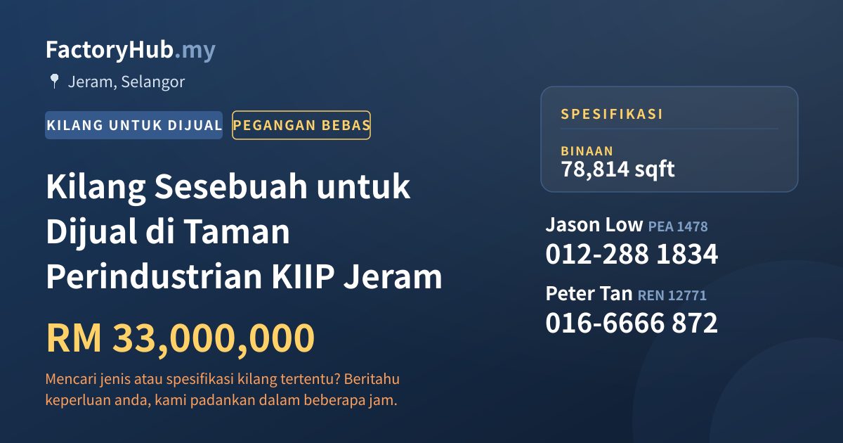 Kilang Untuk Dijual - Kilang Sesebuah untuk Dijual di Taman Perindustrian KIIP Jeram - Jeram, Selangor