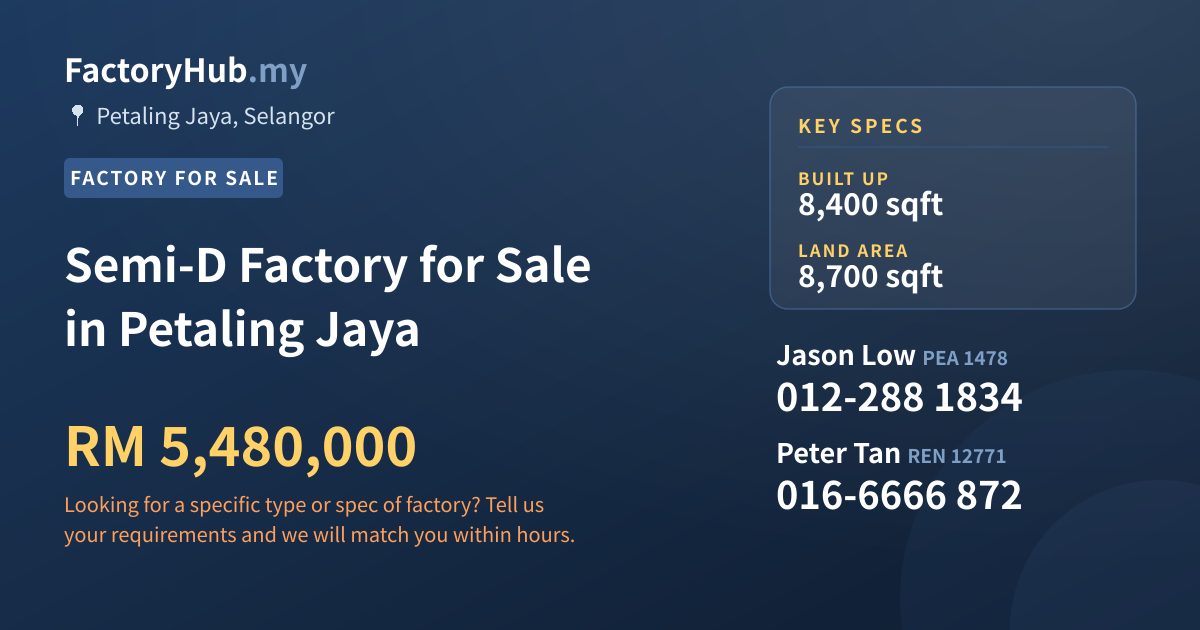Factory For Sale - Semi-D Factory for Sale in Petaling Jaya - Petaling Jaya, Selangor