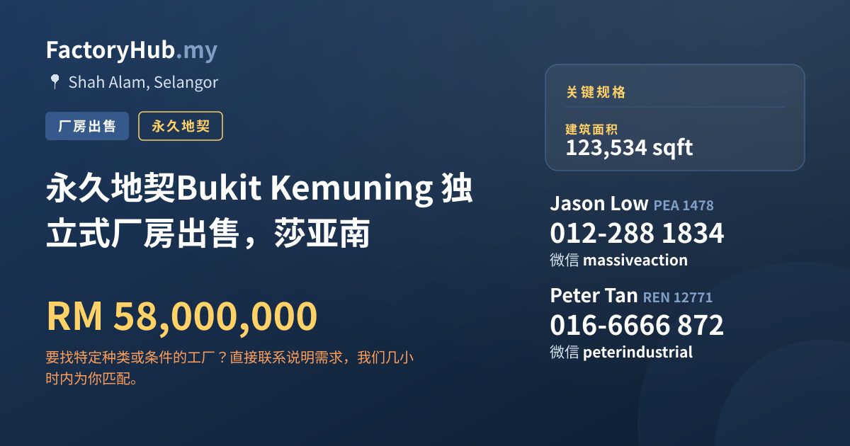 工厂 出售 - 永久地契Bukit Kemuning 独立式厂房出售，莎亚南 - Shah Alam, Selangor