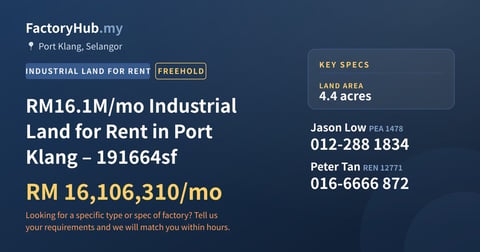 Land For Rent - RM16.1M/mo Industrial Land for Rent in Port Klang – 191664sf - Port Klang, Selangor