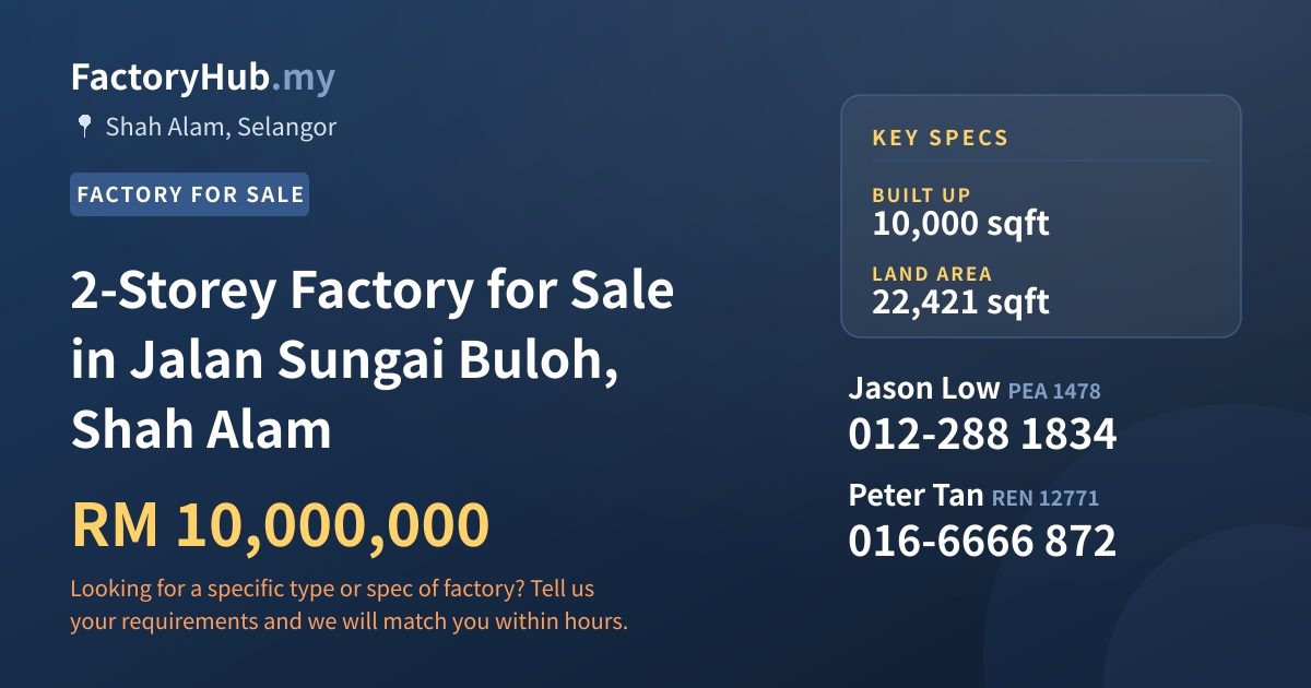 Factory For Sale - 2-Storey Factory for Sale in Jalan Sungai Buloh, Shah Alam - Shah Alam, Selangor