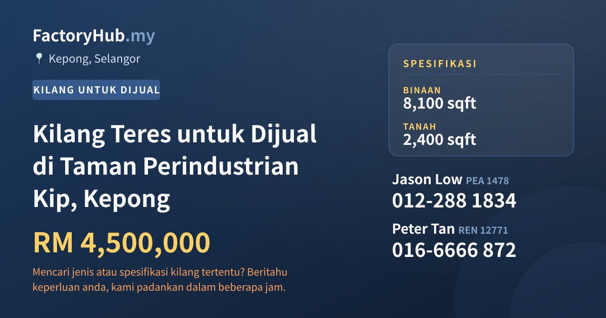 Kilang Untuk Dijual - Kilang Teres untuk Dijual di Taman Perindustrian Kip, Kepong - Kepong, Selangor