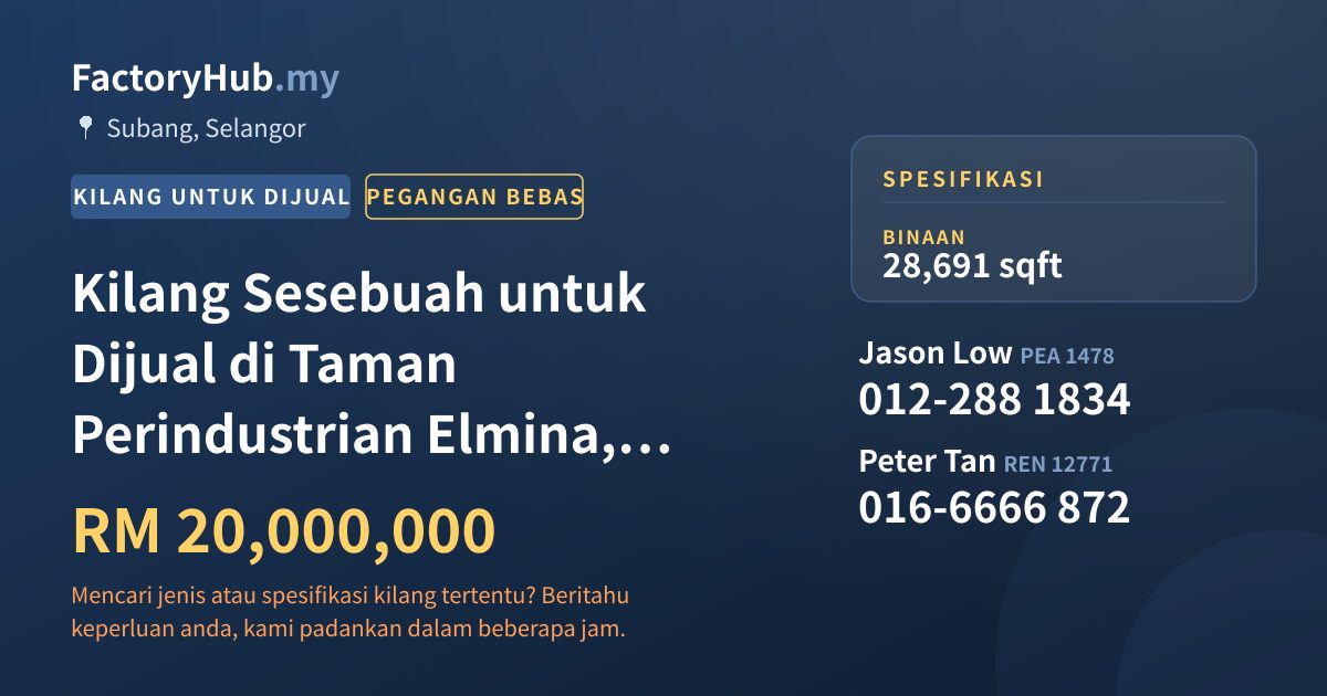 Kilang Untuk Dijual - Kilang Sesebuah untuk Dijual di Taman Perindustrian Elmina, Subang - Subang, Selangor