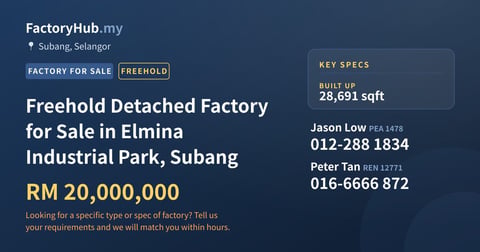 Factory For Sale - Freehold Detached Factory for Sale in Elmina Industrial Park, Subang - Subang, Selangor