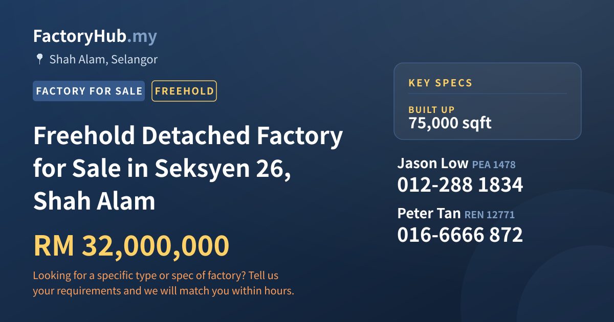 Factory For Sale - Freehold Detached Factory for Sale in Seksyen 26, Shah Alam - Shah Alam, Selangor