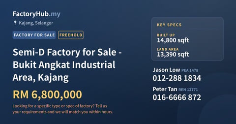 Factory For Sale - Semi-D Factory for Sale - Bukit Angkat Industrial Area, Kajang - Kajang, Selangor