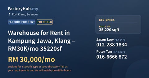 Factory For Rent - Warehouse for Rent in Kampung Jawa, Klang – RM30K/mo 35220sf - Port Klang, Selangor