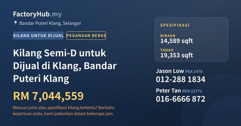 Kilang Untuk Dijual - Kilang Semi-D untuk Dijual di Klang, Bandar Puteri Klang - Bandar Puteri Klang, Selangor