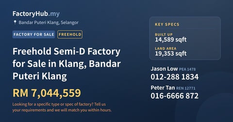 Factory For Sale - Freehold Semi-D Factory for Sale in Klang, Bandar Puteri Klang - Bandar Puteri Klang, Selangor