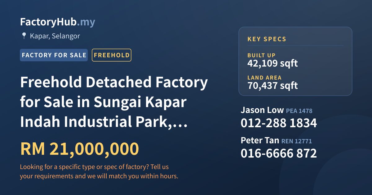 Factory For Sale - Freehold Detached Factory for Sale in Sungai Kapar Indah Industrial Park, Kapar - Kapar, Selangor