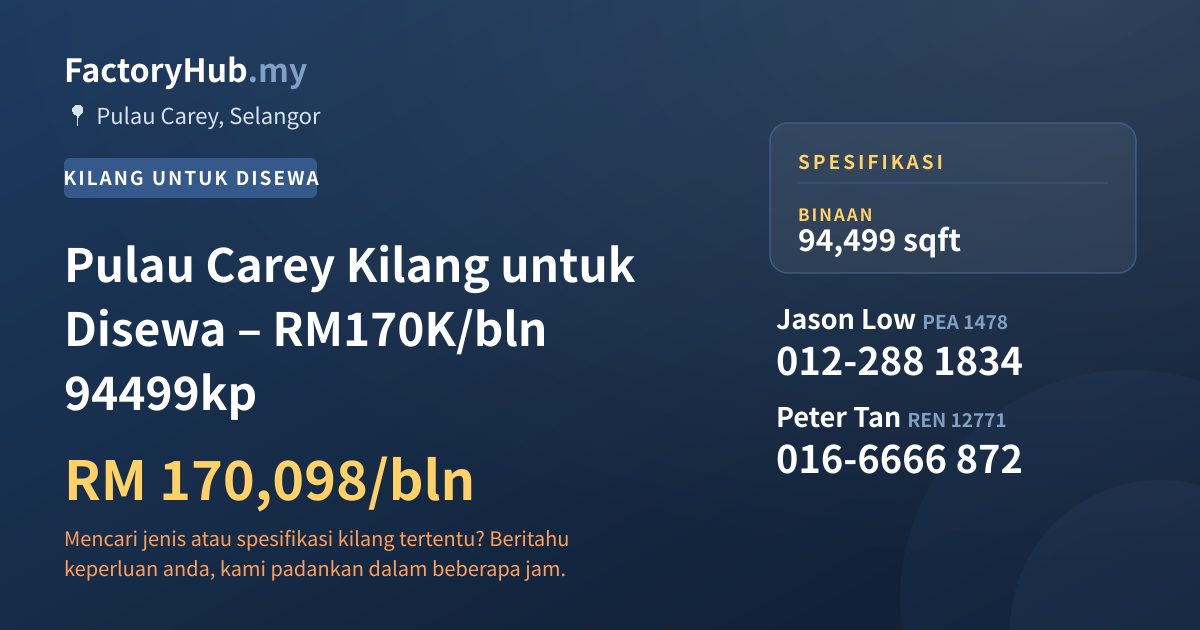 Kilang Untuk Disewa - Pulau Carey Kilang untuk Disewa – RM170K/bln 94499kp - Pulau Carey, Selangor