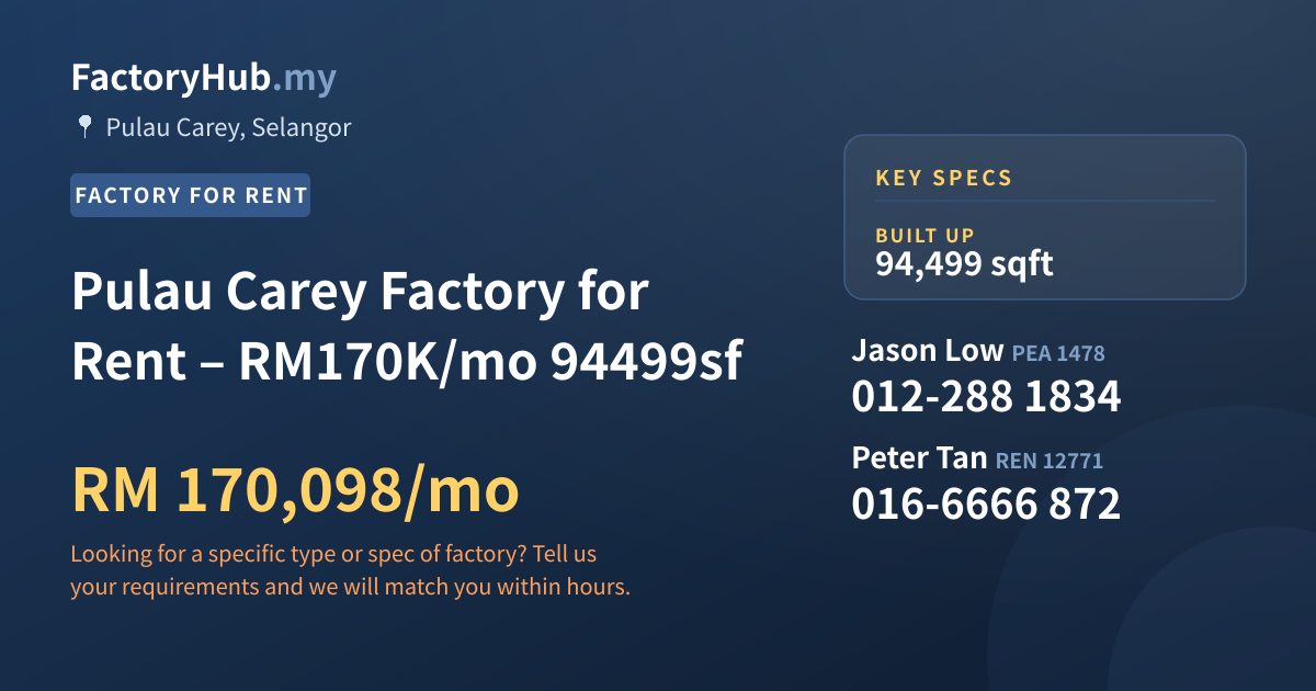Factory For Rent - Pulau Carey Factory for Rent – RM170K/mo 94499sf - Pulau Carey, Selangor