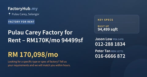 Factory For Rent - Pulau Carey Factory for Rent – RM170K/mo 94499sf - Pulau Carey, Selangor