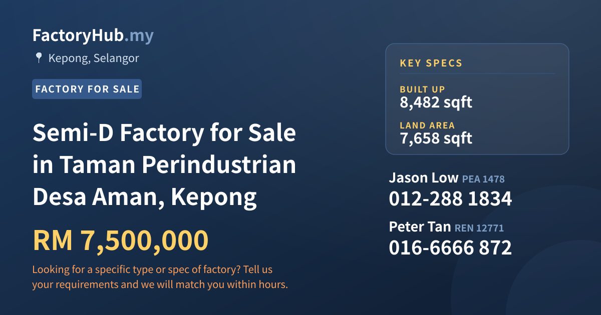 Factory For Sale - Semi-D Factory for Sale in Taman Perindustrian Desa Aman, Kepong - Kepong, Selangor