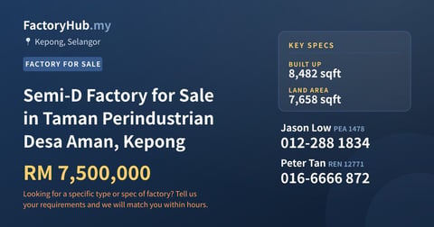 Factory For Sale - Semi-D Factory for Sale in Taman Perindustrian Desa Aman, Kepong - Kepong, Kuala Lumpur