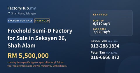 Factory For Sale - Freehold Semi-D Factory for Sale in Seksyen 26, Shah Alam - Shah Alam, Selangor