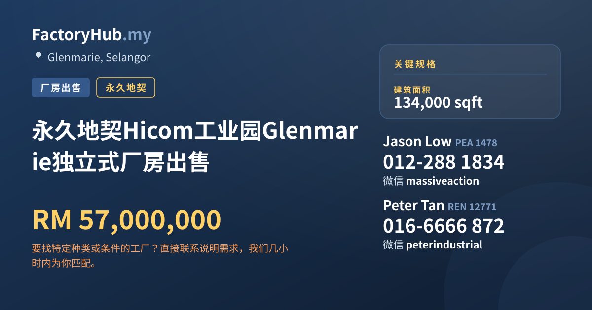 工厂 出售 - 永久地契Hicom工业园Glenmarie独立式厂房出售 - Glenmarie, Selangor