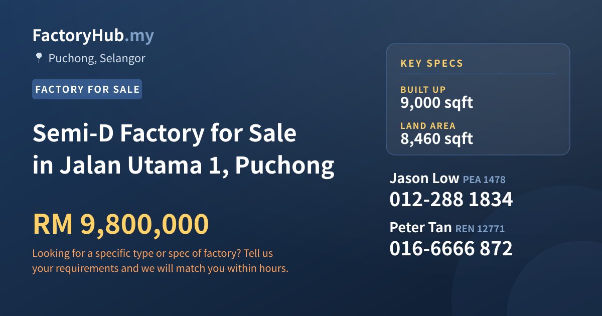 Factory For Sale - Semi-D Factory for Sale in Jalan Utama 1, Puchong - Puchong, Selangor